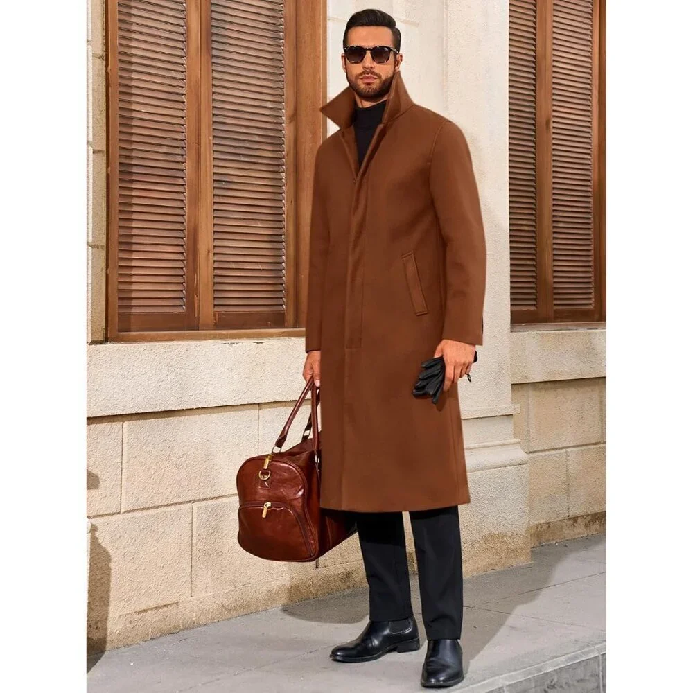 Men's Brown Long Trench Coat Single Breasted Casual Winter Warm Pea Coat